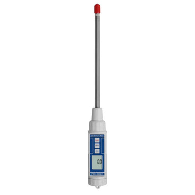 Digital pH meter with a long probe on a white background