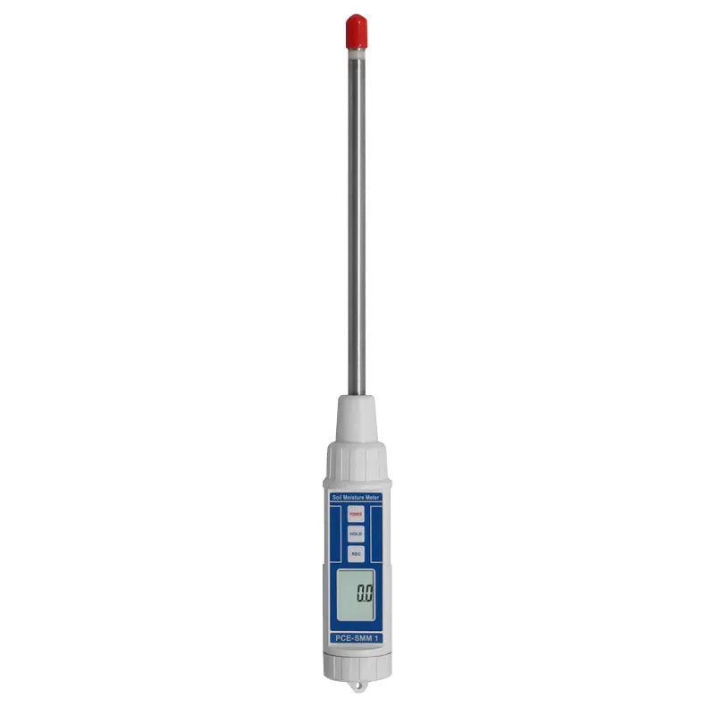 Digital pH meter with a long probe on a white background