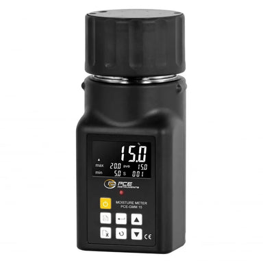 Black moisture meter with digital display on a white background