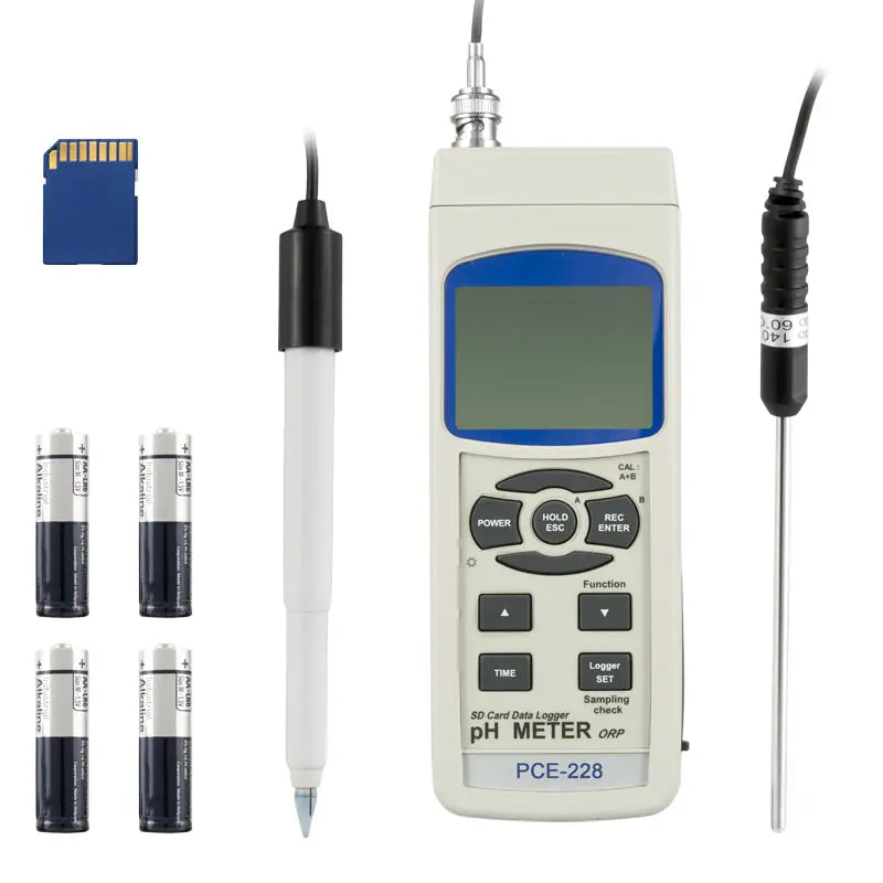 PH meter with accessories on a white background