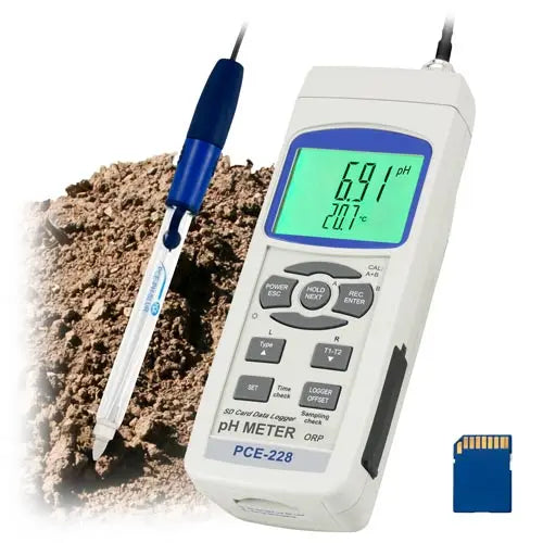 PH meter with soil sample and SD card on a white background