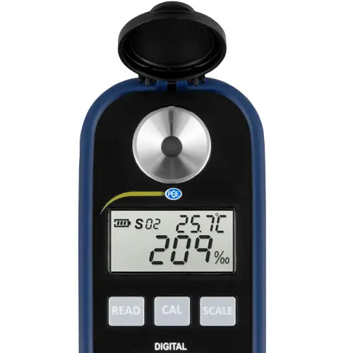 Digital device with a screen displaying readings on a white background