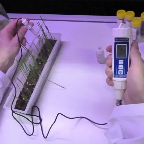 Person using a digital pH meter to test water next to a plant in a container.