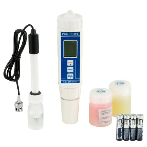 Sodium pH meter with probes, calibration solutions, and batteries on a white background