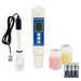 Sodium pH meter with probes, calibration solutions, and batteries on a white background