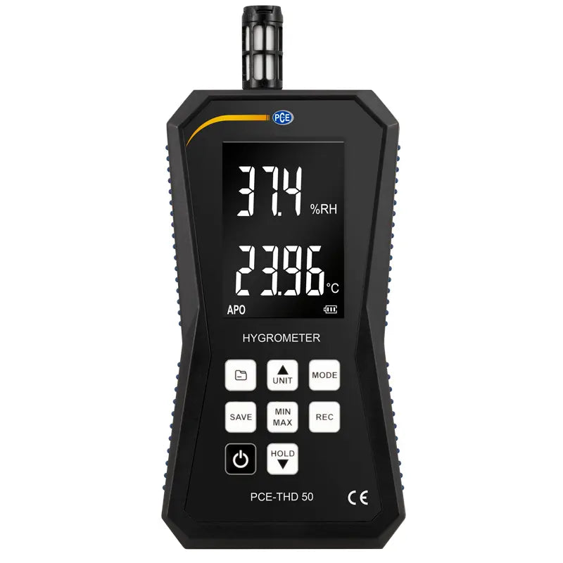 Digital hygrometer with temperature and humidity readings on a white background