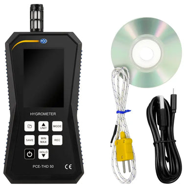 Hygrometer with probe, cable, and CD on a white background