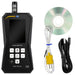 Hygrometer with probe, cable, and CD on a white background