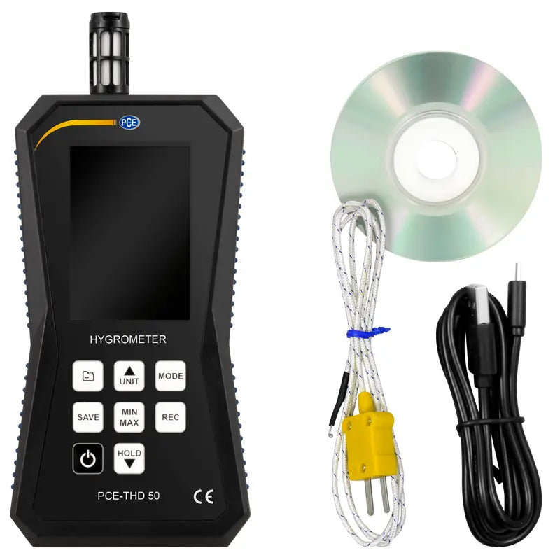 Hygrometer with probe, cable, and CD on a white background