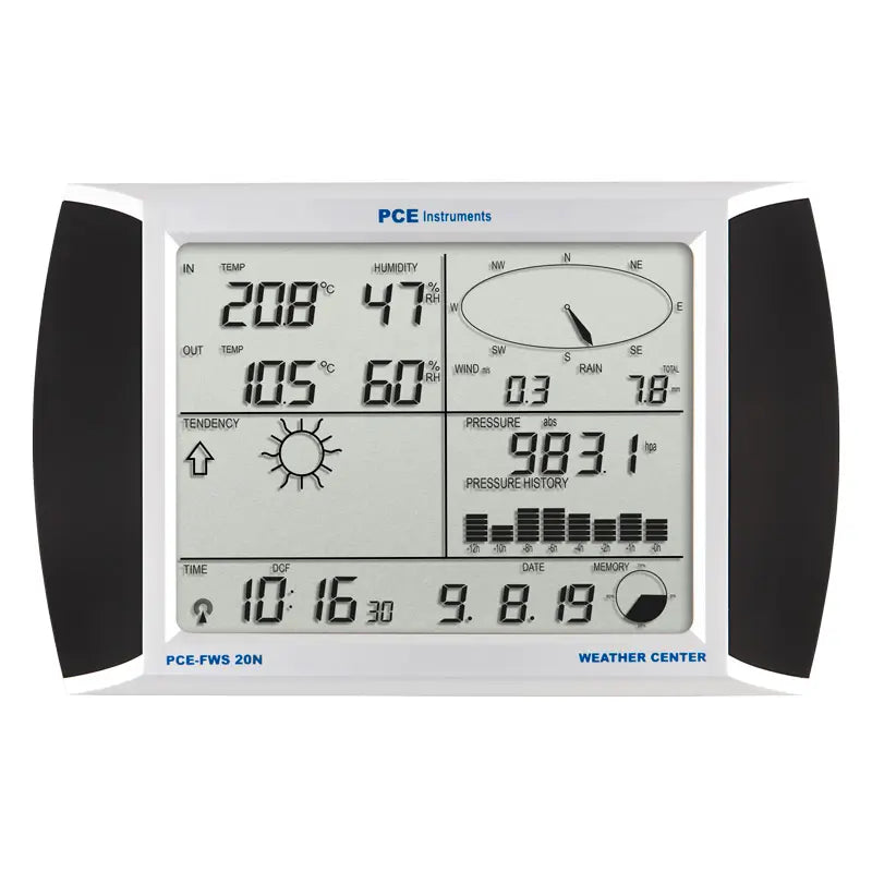 PCE Instruments weather station with digital display on a white background