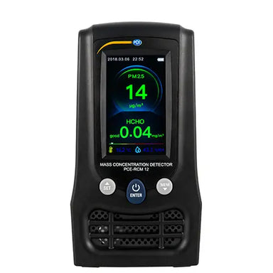 Black air quality meter with digital display on a white background