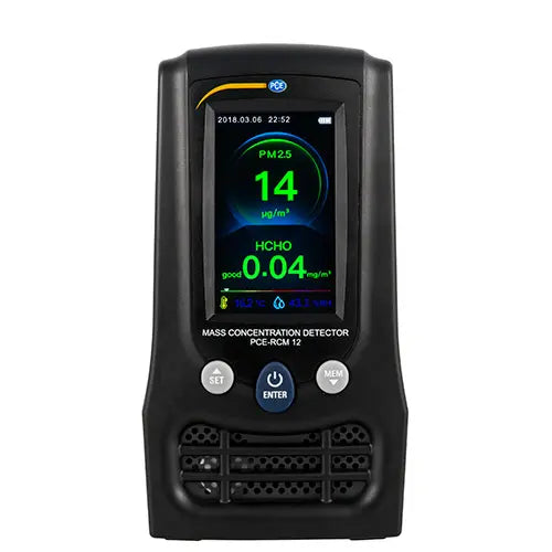 Black air quality meter with digital display on a white background