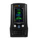 Black air quality meter with digital display on a white background