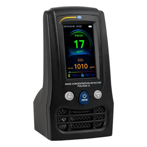 Air quality meter with digital display on a white background