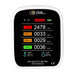 Air quality meter displaying various measurements on a white background