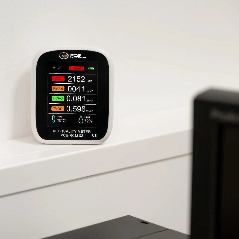 Air quality meter on a white wall with a blurred background