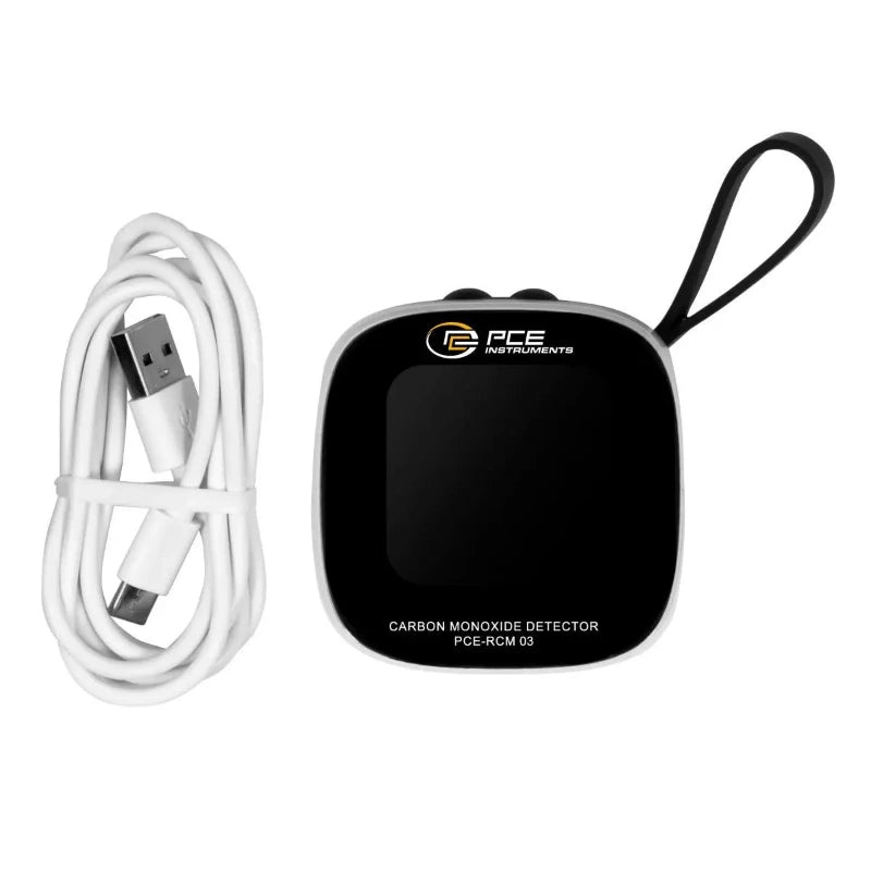 Carbon monoxide detector with USB cable on a white background