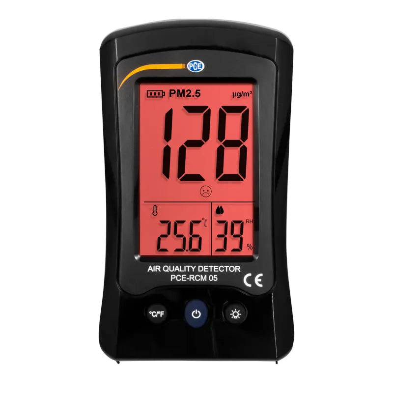 Air quality detector with digital display on a white background