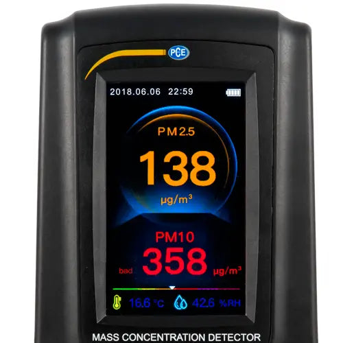 Mass concentration detector with digital display showing PM2.5 and PM10 readings.