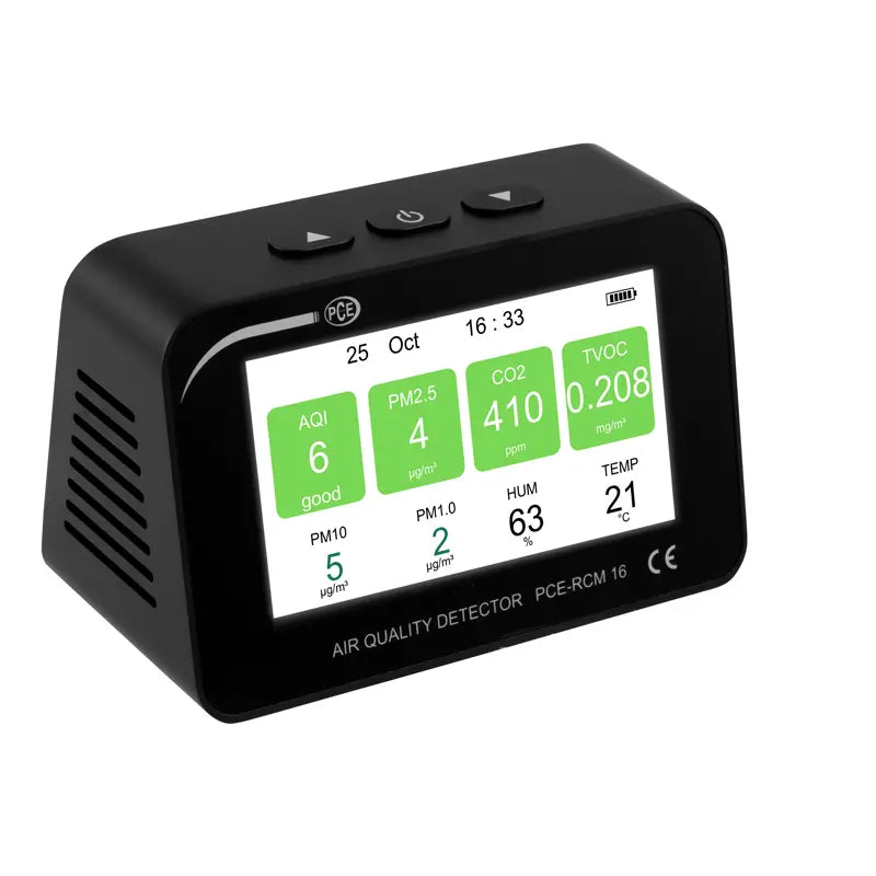 Air quality detector with digital display on a white background