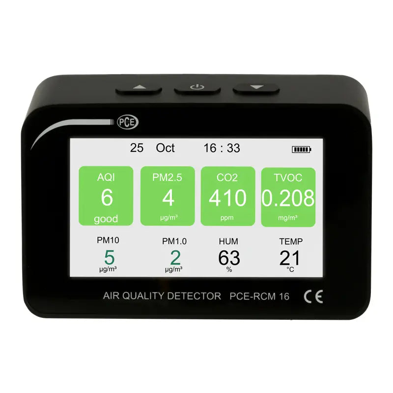 Air quality detector with digital display on a white background