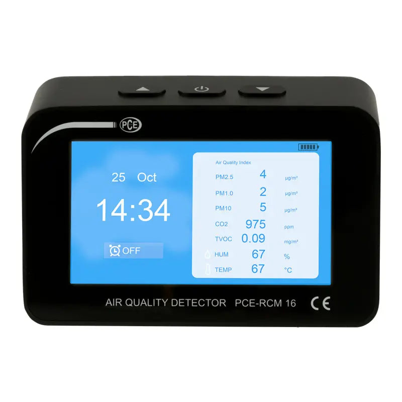 Air quality detector with digital display on a white background