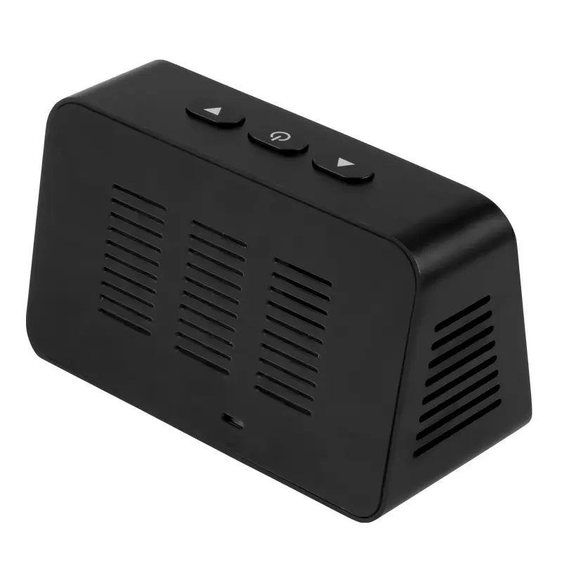 Black air quality meter with vents on a white background