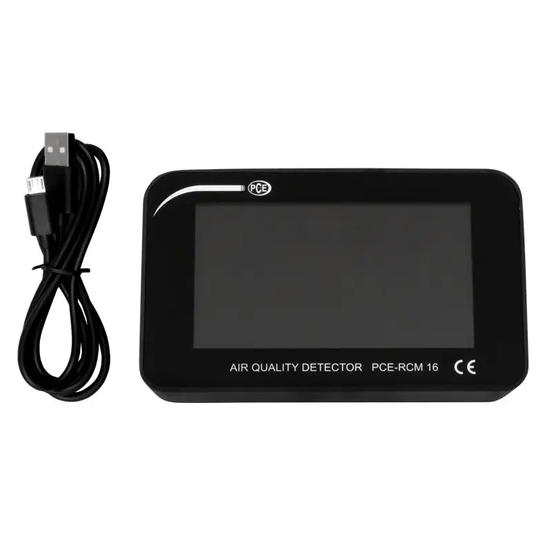 Air quality detector with screen and cable on a white background