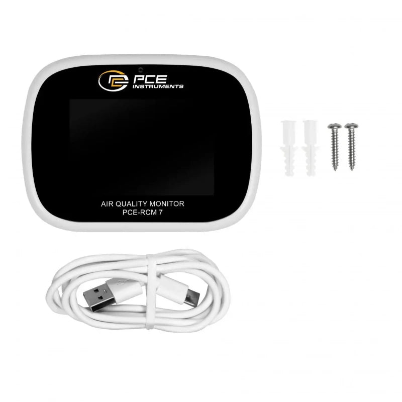 Air quality monitor with USB cable and screws on a white background