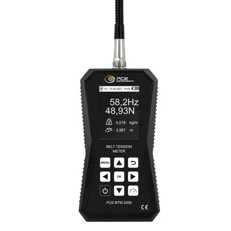 Belt tension meter with digital display on a white background