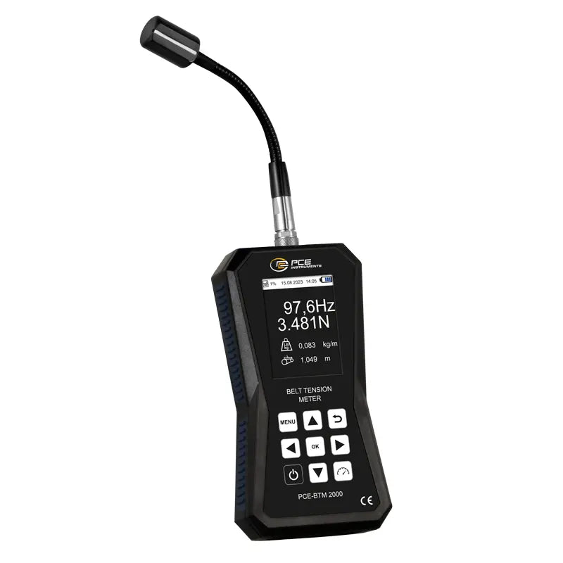 Belt tension meter with digital display on a white background