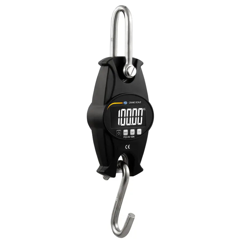 Digital hanging scale with a black casing and digital display on a white background