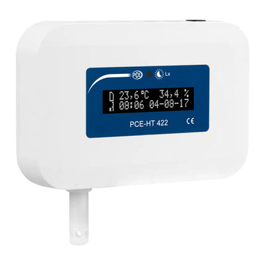 White digital temperature and humidity meter with blue display on a white background