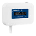 White digital temperature and humidity meter with blue display on a white background