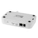 White electronic device with various ports and labels on a white background