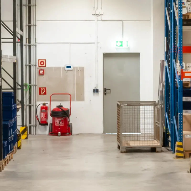 Warehouse interior with fire extinguishers, pallets, and a door.