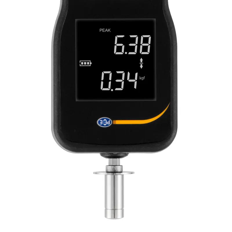 Digital Force Gage with a black display and silver nozzle on a white background