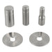 Set of five metallic cylindrical and disc components on a white background