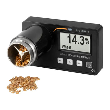Grain moisture meter with digital display showing 14.3% on a white background