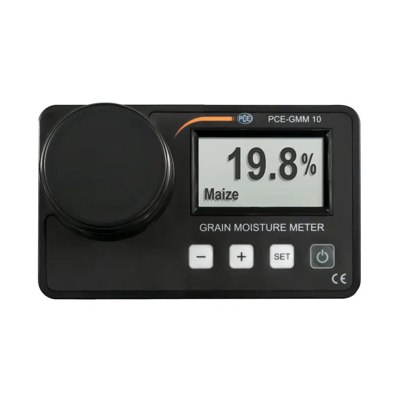 Grain moisture meter with digital display on a white background