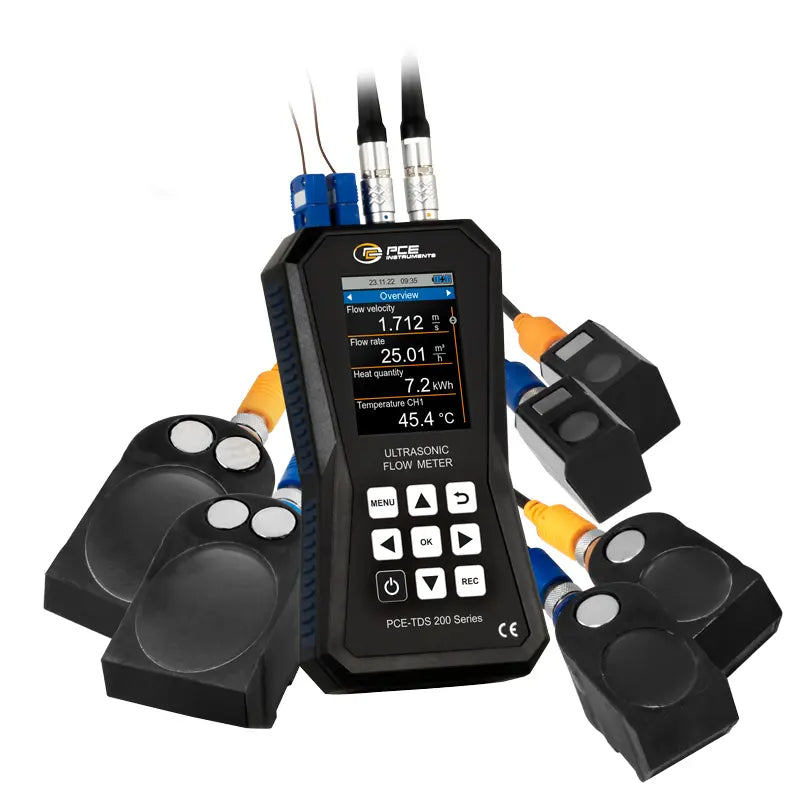 Ultrasonic flow meter with sensors on a white background