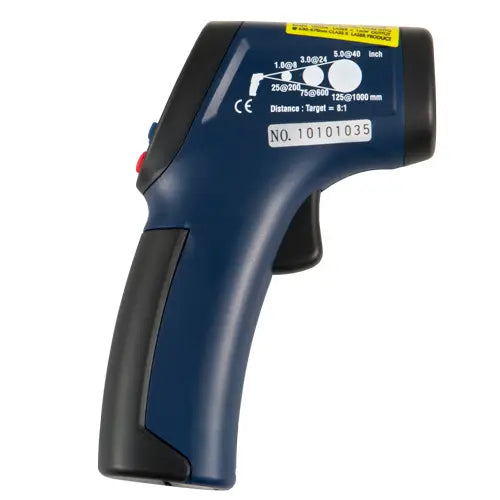 Infrared thermometer with blue and black design on a white background