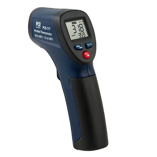 Infrared thermometer with digital display on a white background