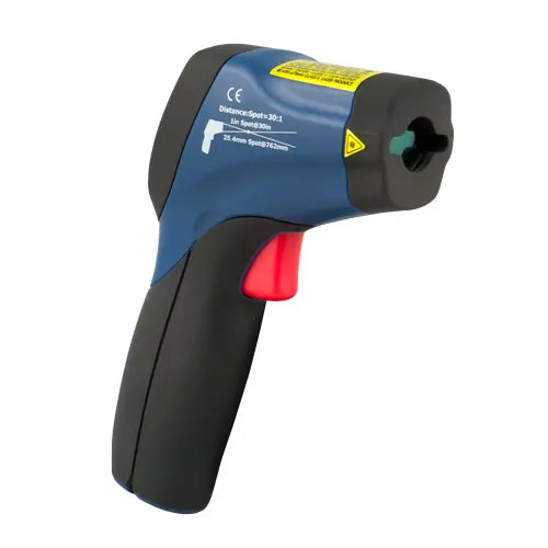 Infrared thermometer with blue and black design on a white background