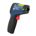 Infrared thermometer with blue and black design on a white background