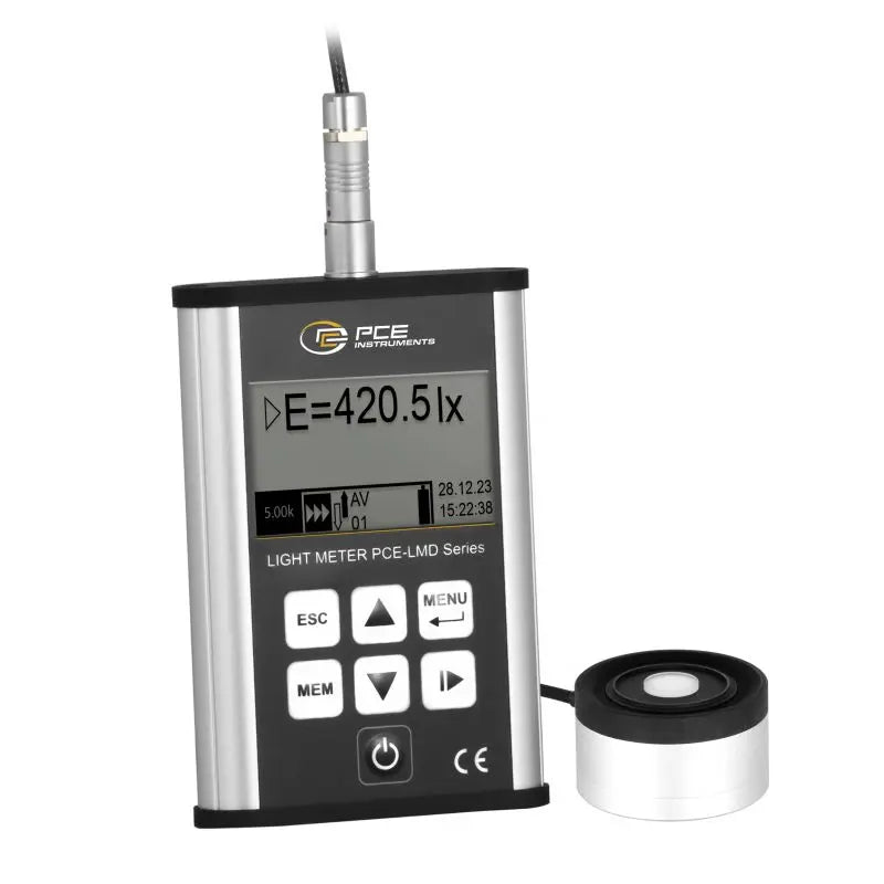 Light meter with digital display and PCE logo on a white background