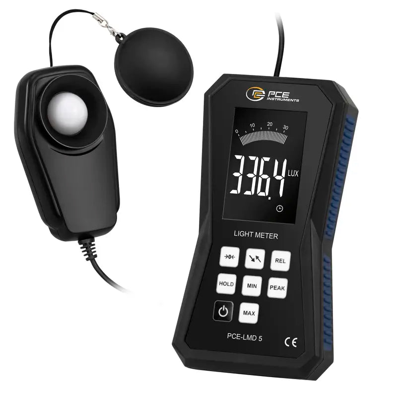 Light meter with digital display and sensor on a white background