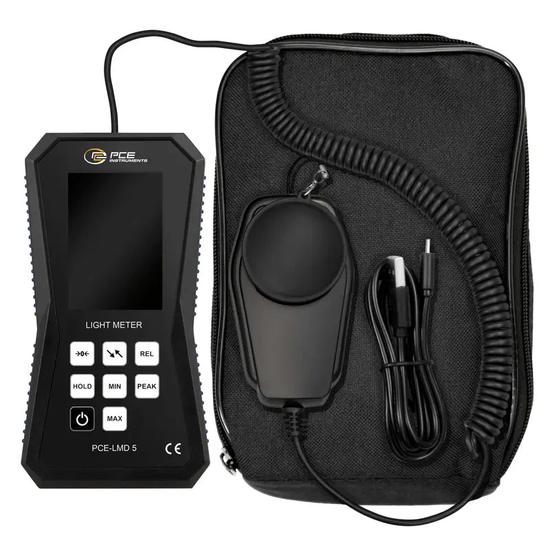 Light meter with carrying case on a white background