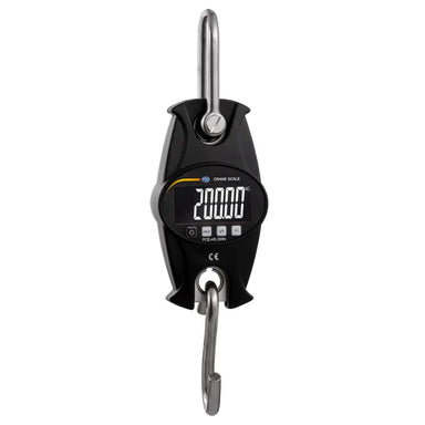 Digital hanging scale with a black casing and silver hooks on a white background