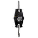 Digital hanging scale with a black casing and silver hooks on a white background